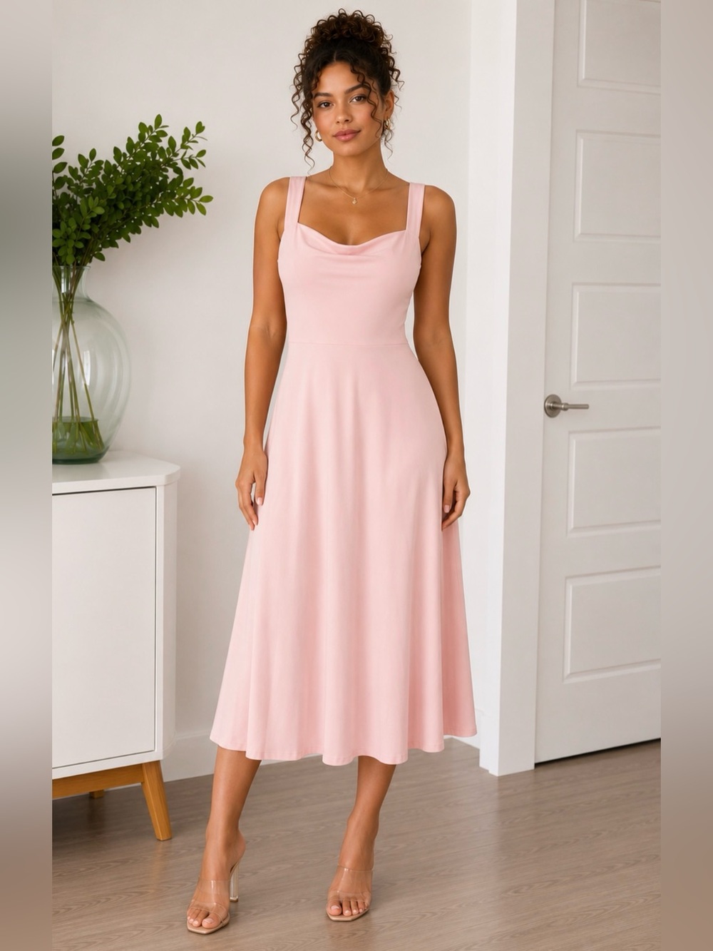 Blush Pink Lace Up Back Midi Dress Sleeveless Fit & Flare Stretch | Large